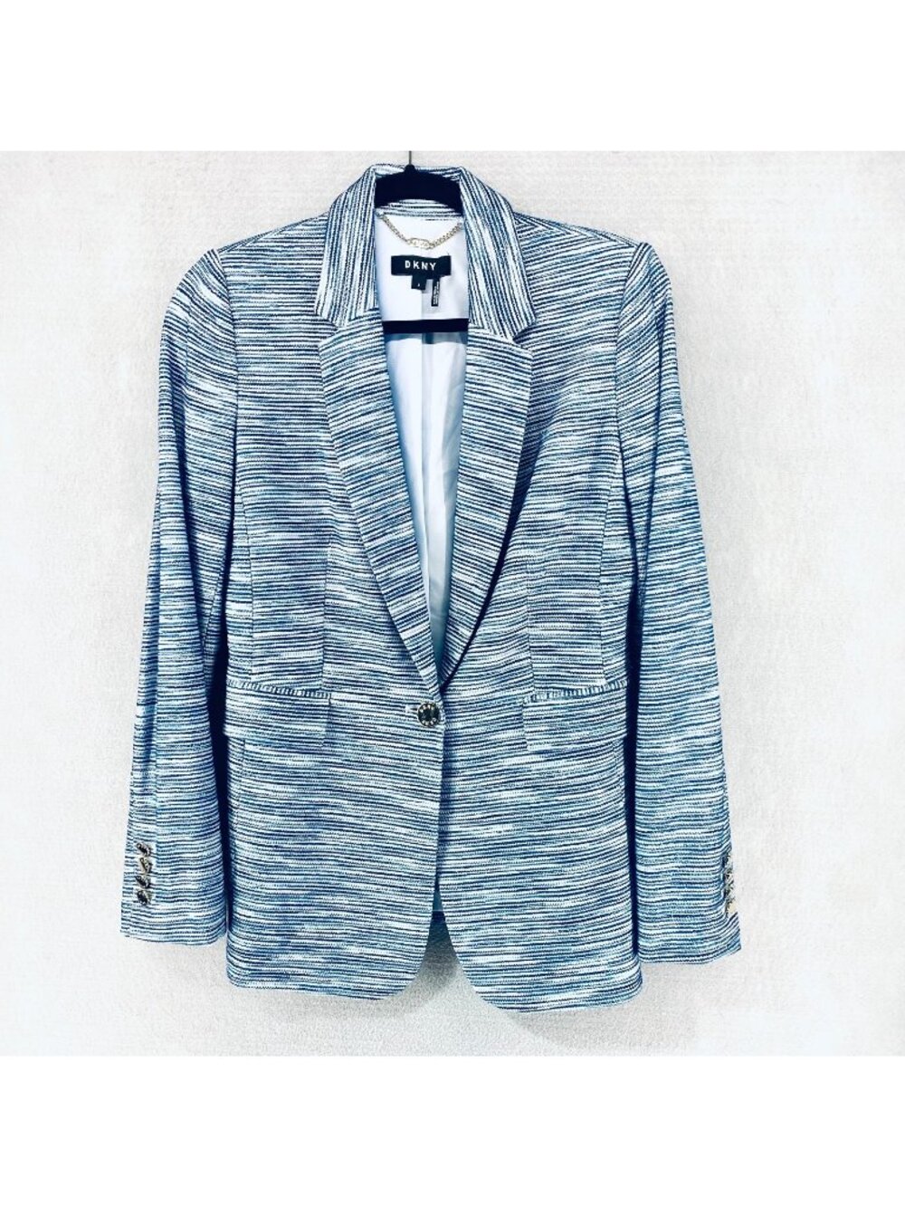 DKNY Jacket Womens 2 Blue Stretch Striped Single Button Blazer Quiet Luxury
